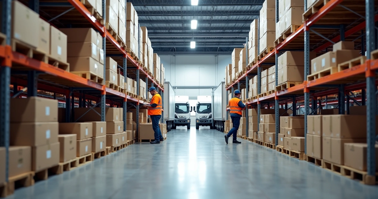 Centro de distribuição logístico moderno com prateleiras cheias de caixas organizadas e caminhões de entrega ao fundo