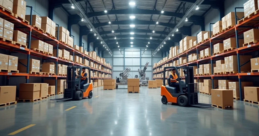 Centro de distribuição moderno com empilhadeiras, caixas organizadas e equipe logística trabalhando
