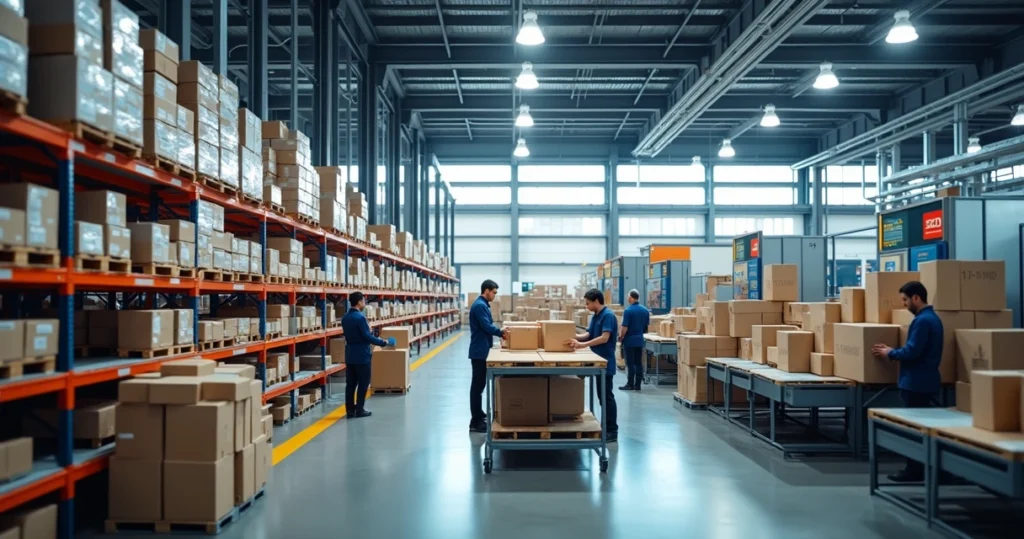 Centro de distribuição moderno com produtos sendo preparados para envio em ambiente logístico