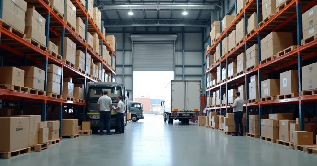 Centro de distribuição moderno com filas de prateleiras altas cheias de caixas, operadores com tablets e caminhões de entrega ao fundo