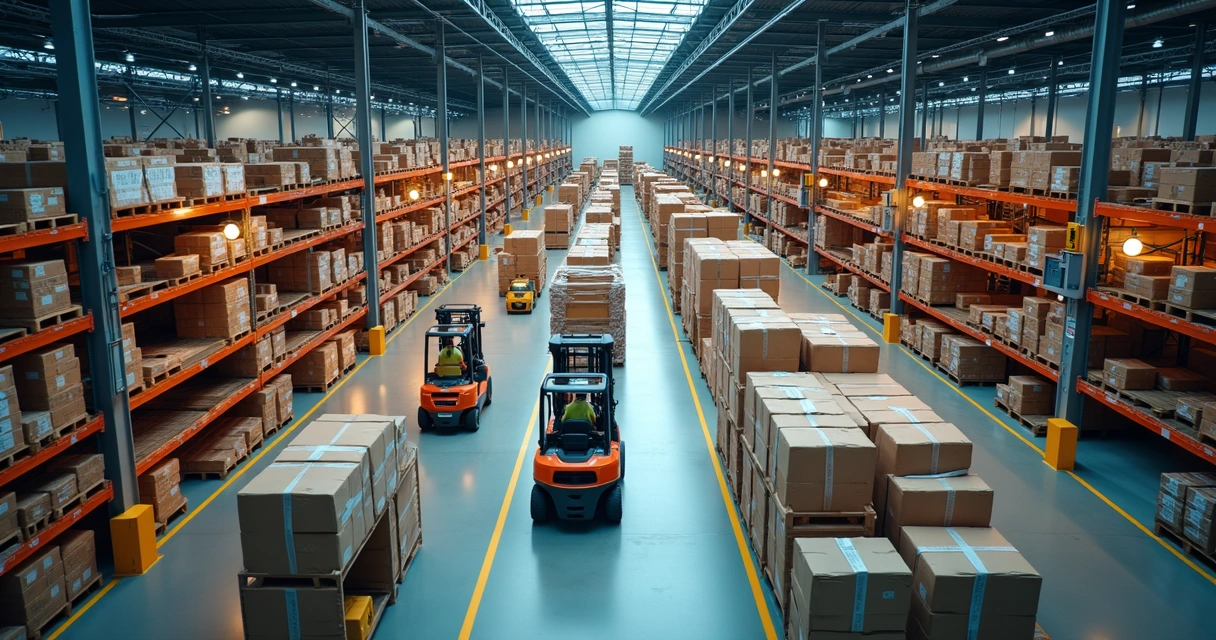 Vista aérea de um centro de distribuição moderno com filas organizadas de prateleiras, equipes operando com empilhadeiras e áreas de embalagem iluminadas