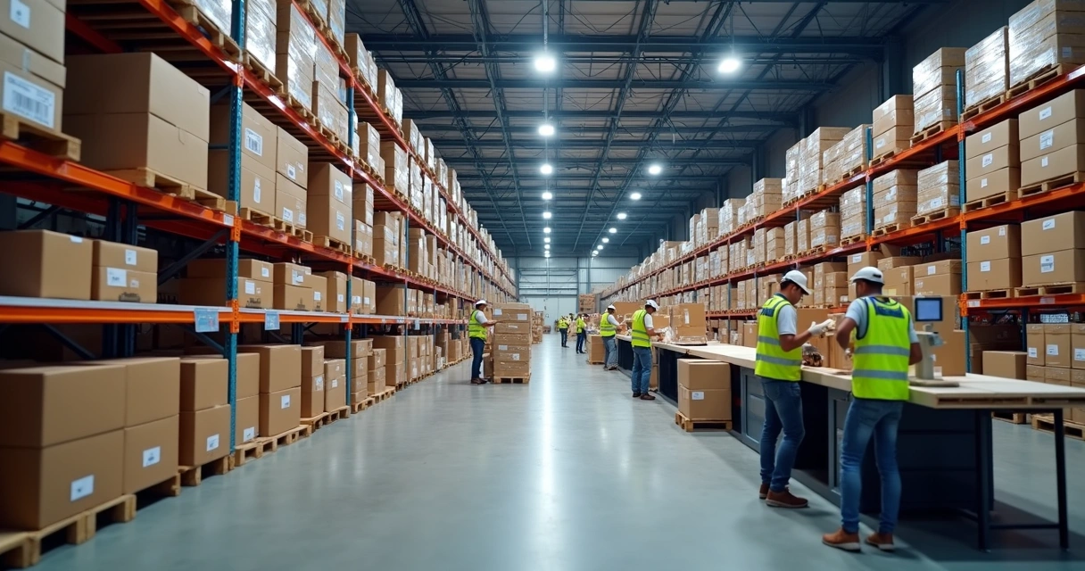 Centro de distribuição moderno com pallets organizados e colaboradores embalando produtos