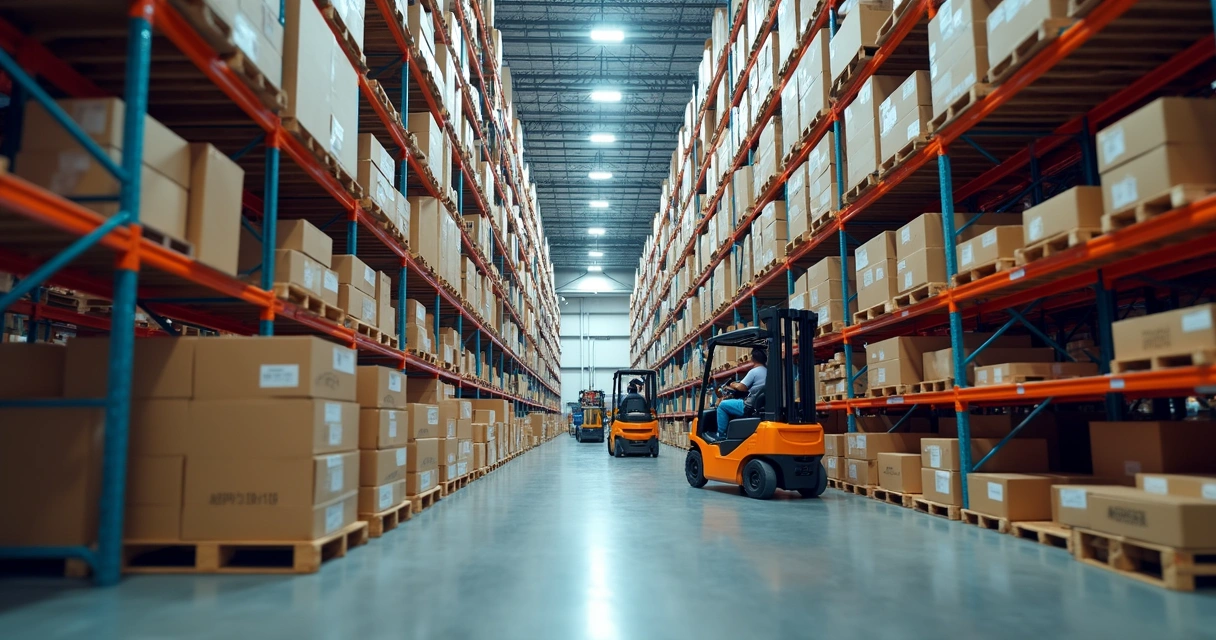 Centro de distribuição moderno com equipes operando, prateleiras altas cheias de caixas e empilhadeiras em ação