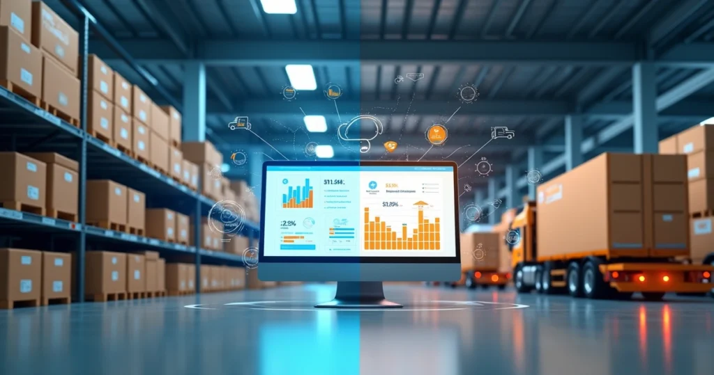 Ilustração realista comparando os modelos de envio Flex e Full com caixas, caminhões e computadores