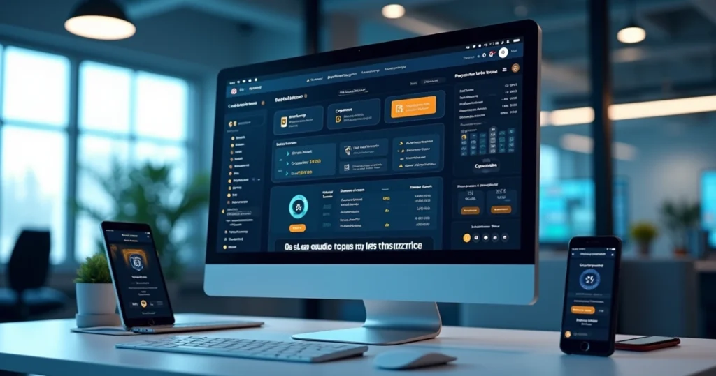 Computador com tela mostrando sistema de checkout instantâneo por IA com gráficos e interface futurista