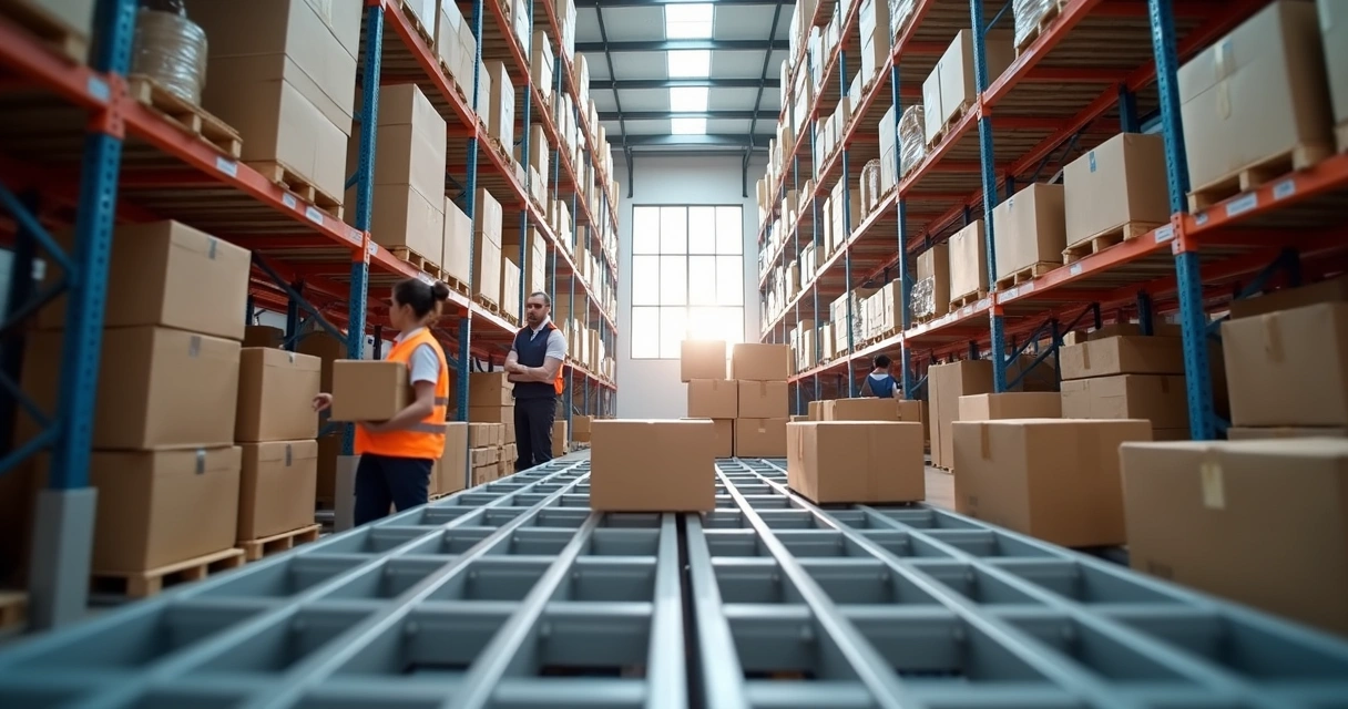 Centro de distribuição moderno com pallets organizados e funcionários embalando pedidos para envio