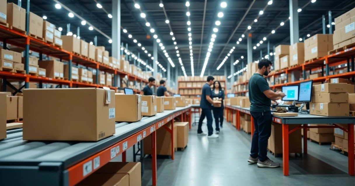 Centro de distribuição moderno com caixas organizadas e equipe preparando pedidos para envio rápido