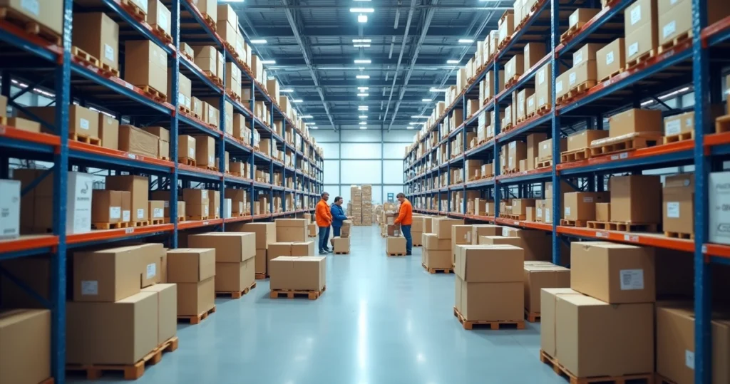 Centro de distribuição moderno com prateleiras organizadas, embalagens e caixas sendo separadas por funcionários