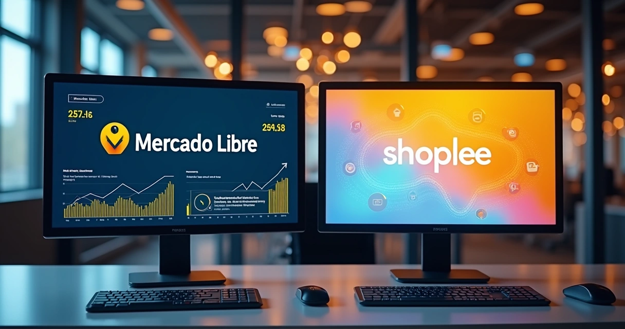 Computadores com logos do Mercado Livre e Shopee em uma mesa digital, gráficos de vendas e integração de marketplaces ao fundo