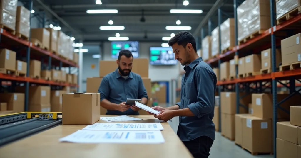 Centro de distribuição logístico com colaboradores conferindo pedidos e calculando custos de fulfillment em ambiente organizado e iluminado