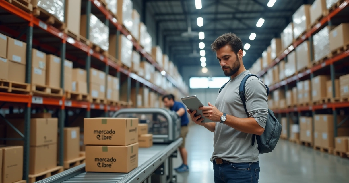 Vendedor conferindo estoque em centro de distribuição moderno e organizado