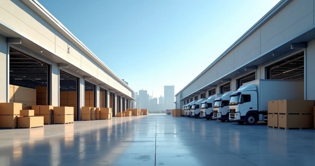 Centro de distribuição moderno com caixas empilhadas e caminhões aguardando carga em São Paulo