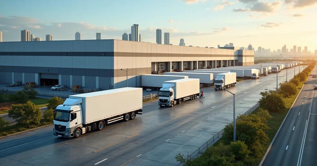 Centro de distribuição moderno em São Paulo com caminhões de entrega saindo e a cidade ao fundo