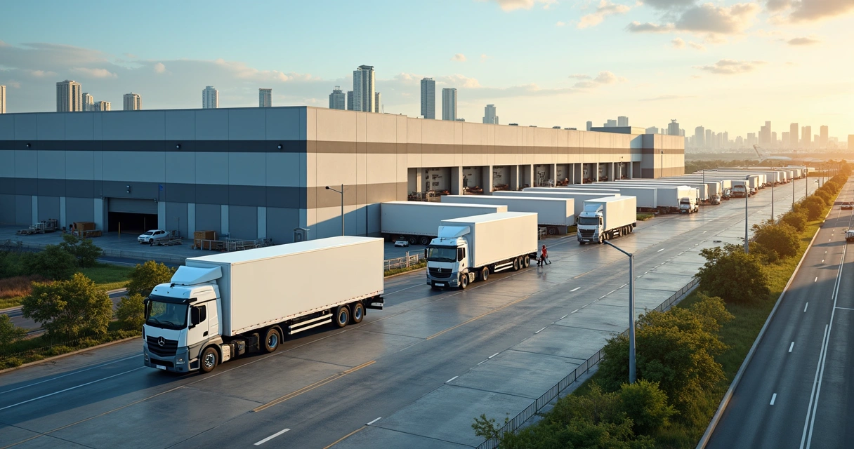 Centro de distribuição moderno em São Paulo com caminhões de entrega saindo e a cidade ao fundo