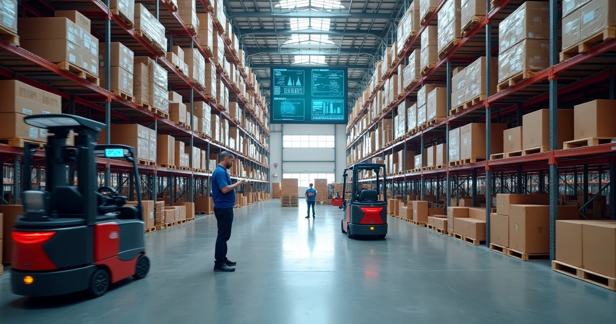 Centro de distribuição moderno com empilhadeiras automatizadas e prateleiras organizadas em armazém