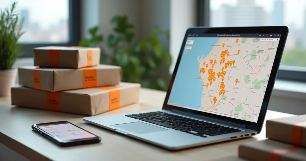 Vendedor acompanhando entrega direta da Shopee em mapa de São Paulo no notebook