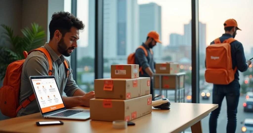 Vendedor da Shopee organizando pedidos para entrega rápida em São Paulo