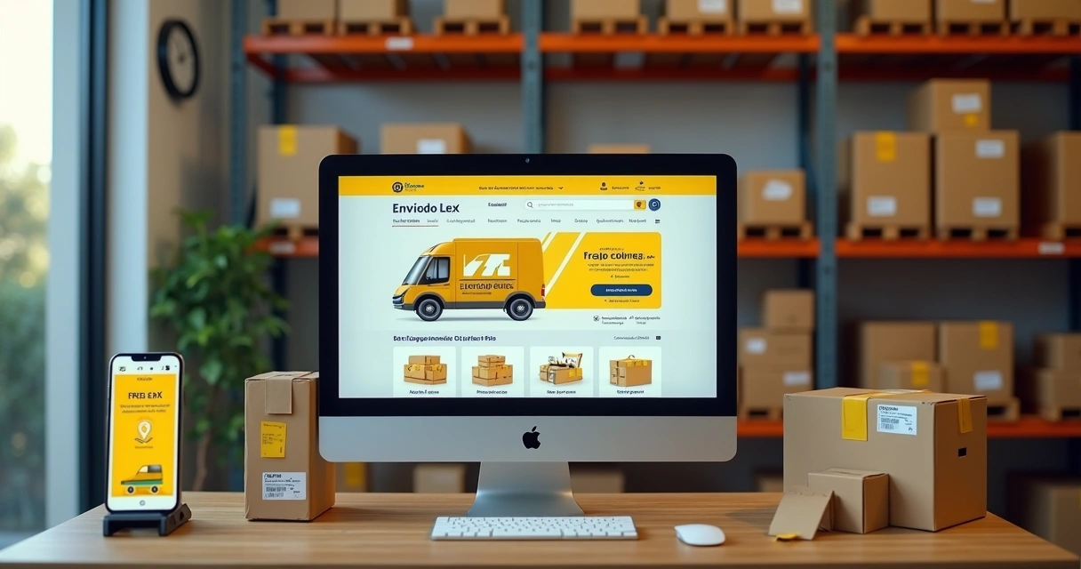 Vendedor de e-commerce analisando frete Flex do Mercado Livre em computador com caixas prontas para envio