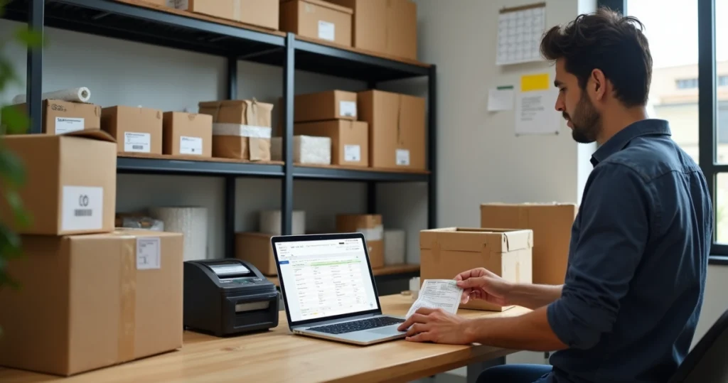Vendedor preparando caixas para envio no Mercado Livre em um home office organizado