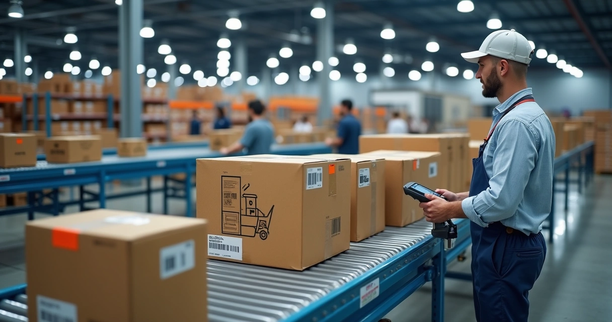 Centro de distribuição moderno com esteiras e caixas de e-commerce prontas para envio