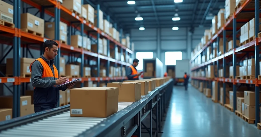 Centro de distribuição com esteiras e caixas ilustrando fulfillment no e-commerce