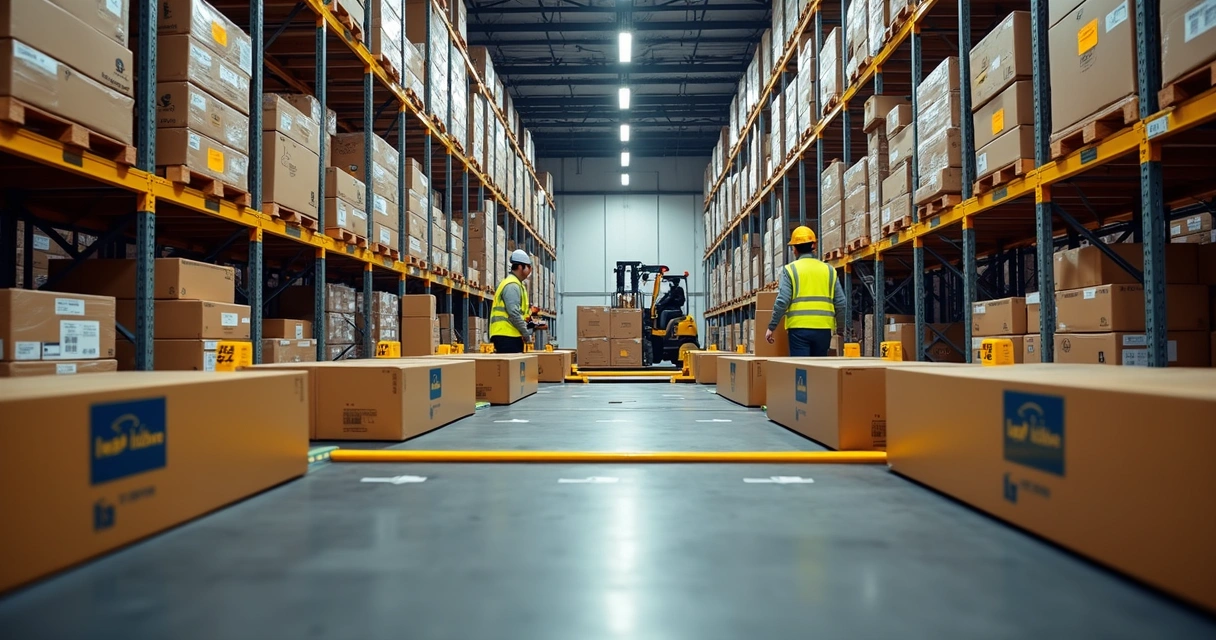 Centro de distribuição moderno do Mercado Livre com prateleiras altas e caixas prontas para envio