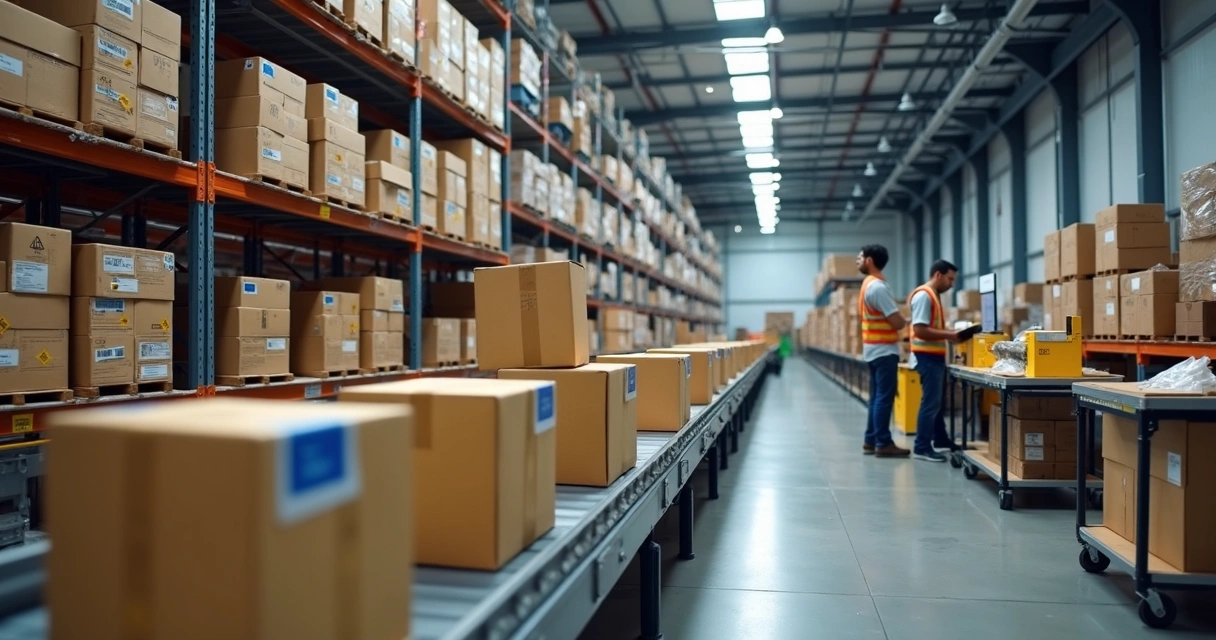 Centro de fulfillment com caixas do Mercado Livre em esteiras e funcionários organizando pedidos