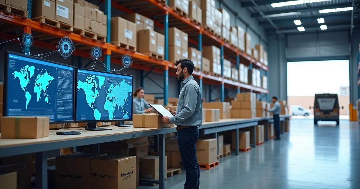 Centro de distribuição moderno com equipe gerenciando logística terceirizada em painéis digitais