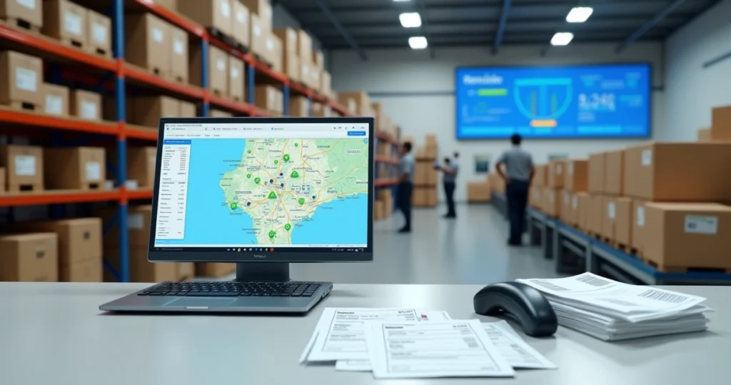 Centro de distribuição com caixas e mapa de São Paulo em tela de computador