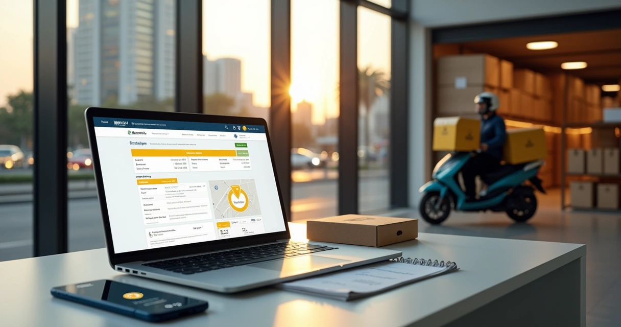 Ilustração realista de vendedor usando painel do Mercado Livre para configurar entrega Flex com motoboy saindo para entrega no mesmo dia
