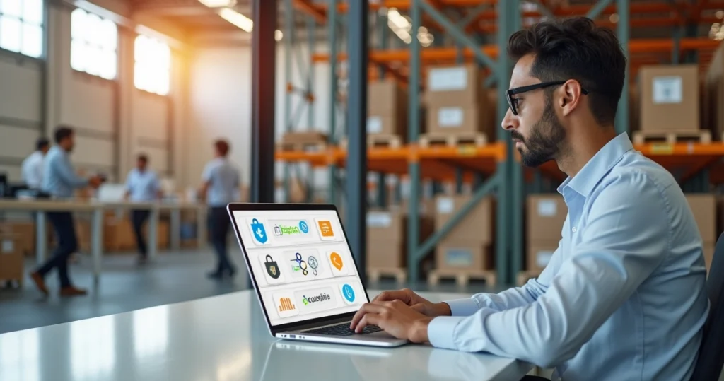 Empreendedor iniciante analisando opções de parceiro de fulfillment em frente a prateleiras de estoque