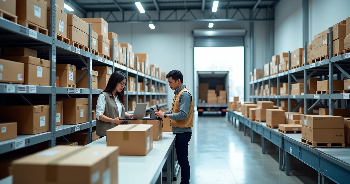 Centro de distribuição com equipe organizando pedidos de e-commerce em prateleiras