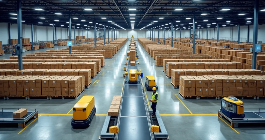 Centro de distribuição do Mercado Livre com esteiras automatizadas e colaboradores separando pedidos
