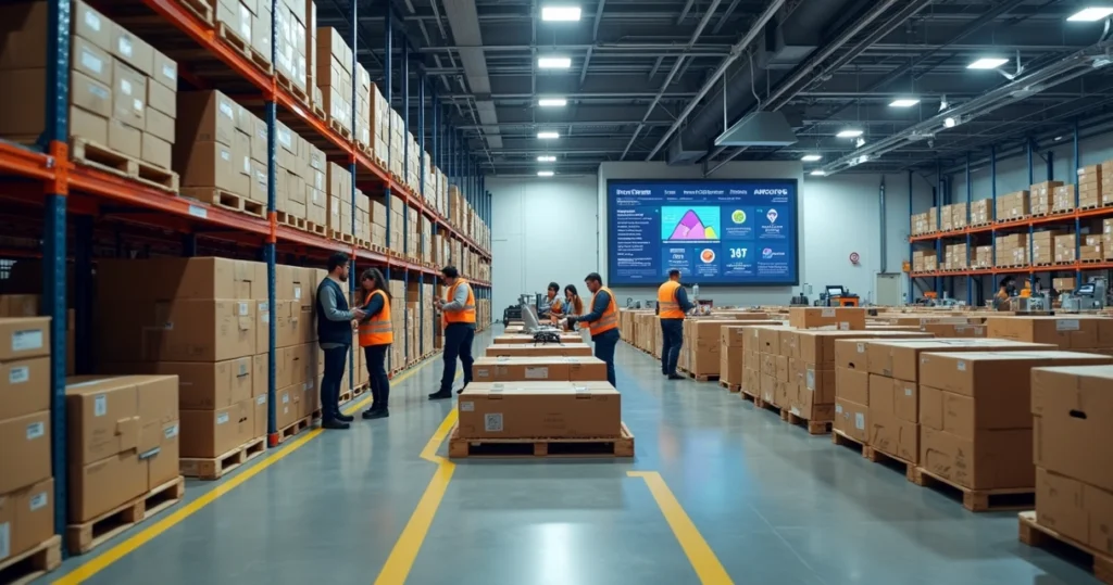 Centro de fulfillment com equipe preparando pedidos de e-commerce em esteiras automatizadas