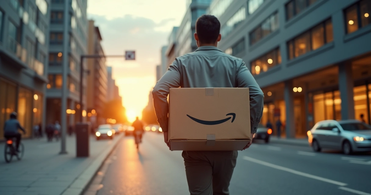 Entregador com caixa da Amazon correndo em rua urbana ao pôr do sol