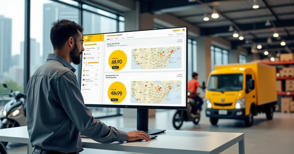 Vendedor acompanhando entrega rápida do Mercado Livre Envio Flex em painel logístico