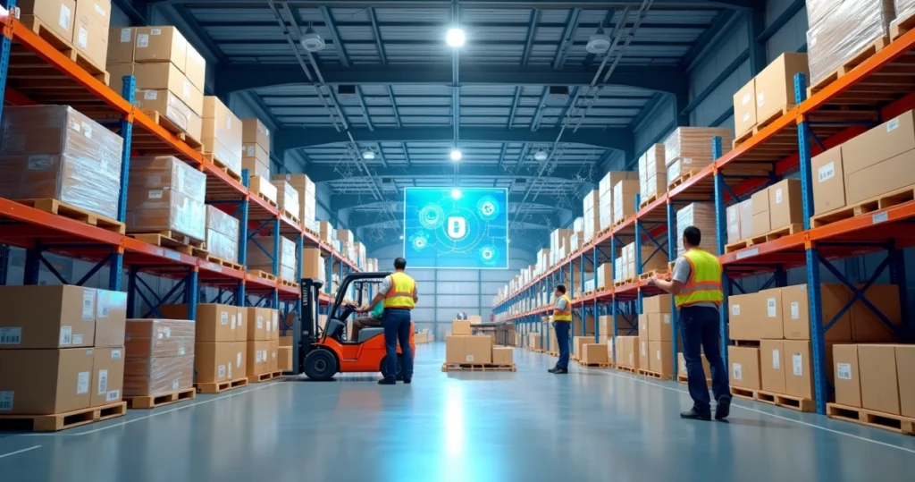 Comparação visual entre logística B2B e B2C em centro de distribuição moderno