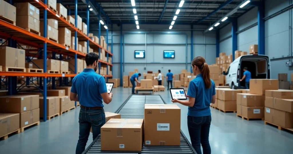 Centro de distribuição moderno com equipe organizando pedidos de e-commerce