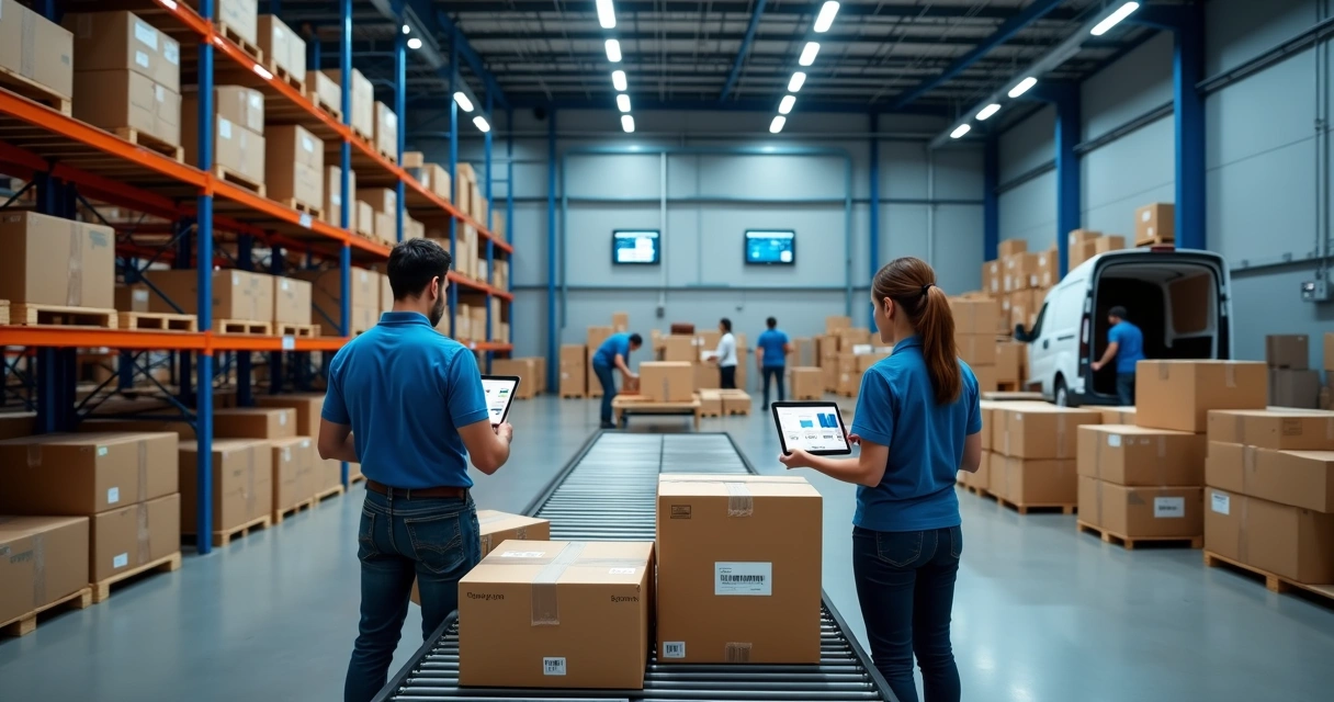 Centro de distribuição moderno com equipe organizando pedidos de e-commerce