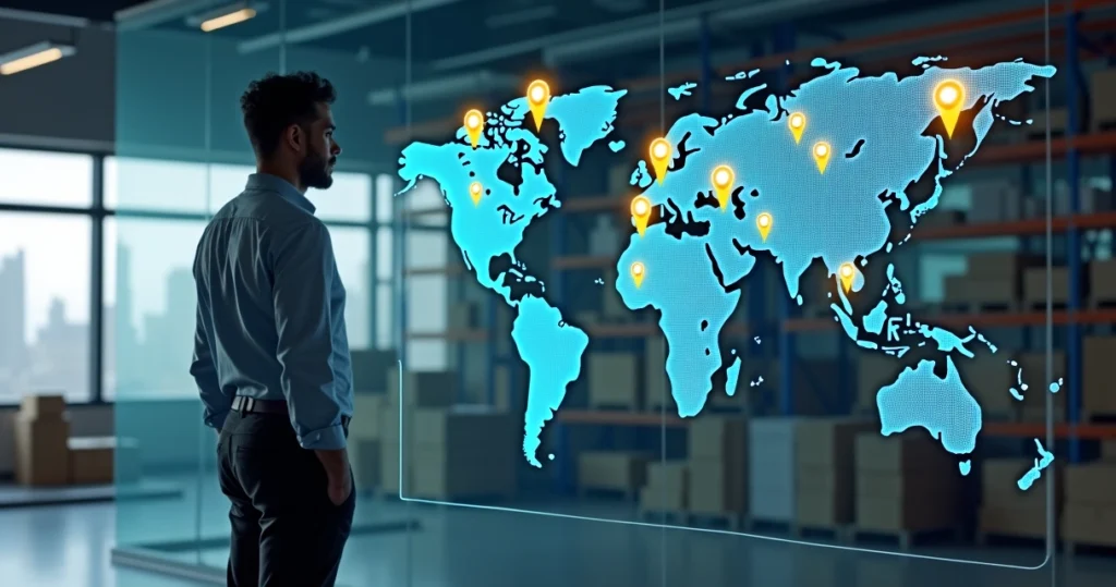 Empresário analisando mapa do Brasil com operações do Mercado Livre em diferentes estados