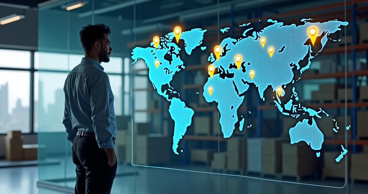 Empresário analisando mapa do Brasil com operações do Mercado Livre em diferentes estados