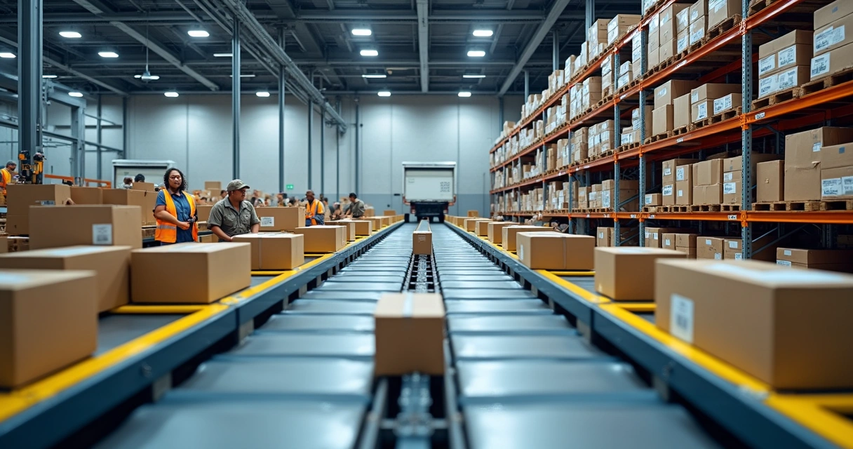 Centro de distribuição moderno com esteiras e caixas prontas para envio