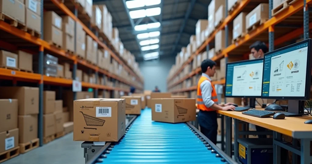 Centro de distribuição moderno com esteiras e caixas de pedidos de e-commerce