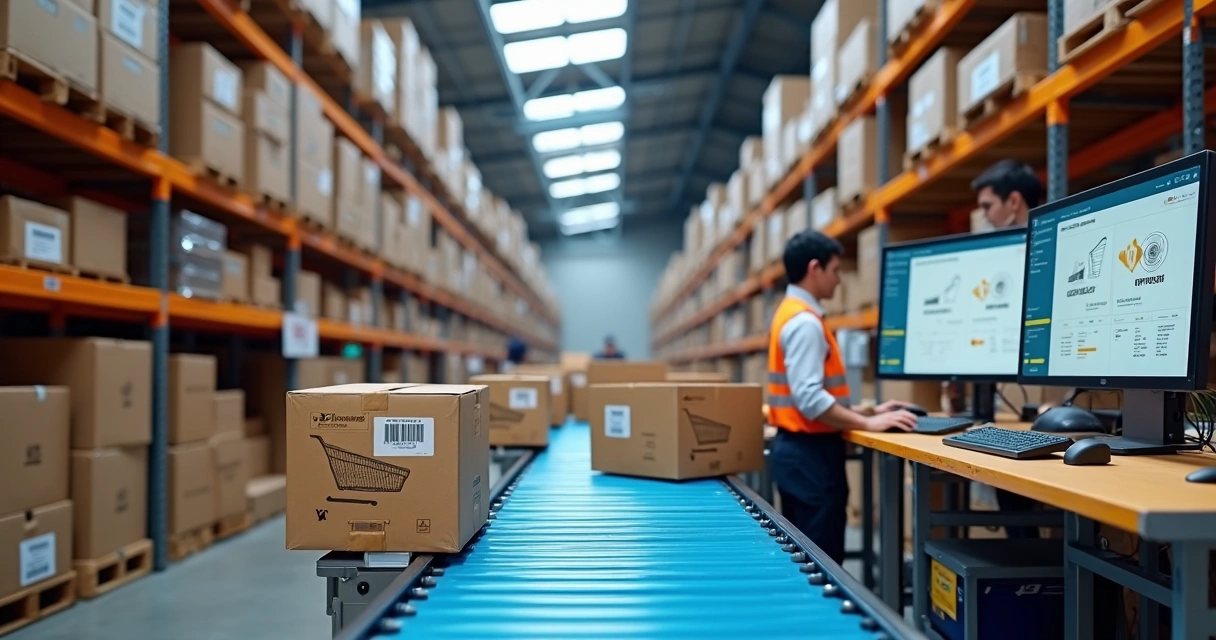 Centro de distribuição moderno com esteiras e caixas de pedidos de e-commerce