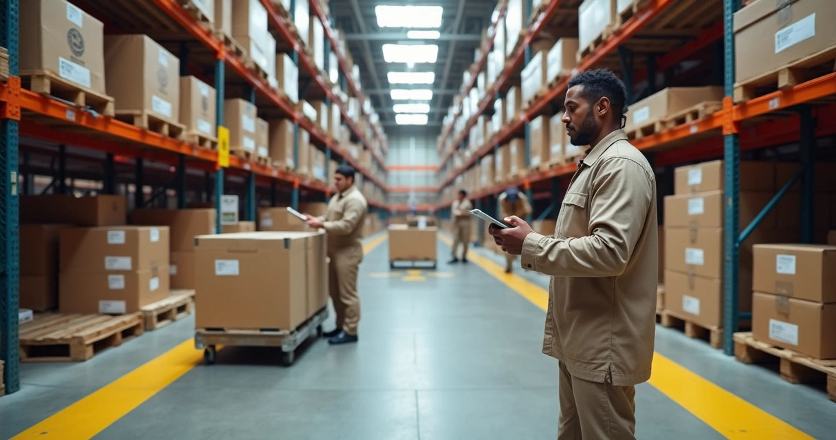 Centro de distribuição de fulfillment organizado com prateleiras e esteiras atendendo pedidos de e-commerce