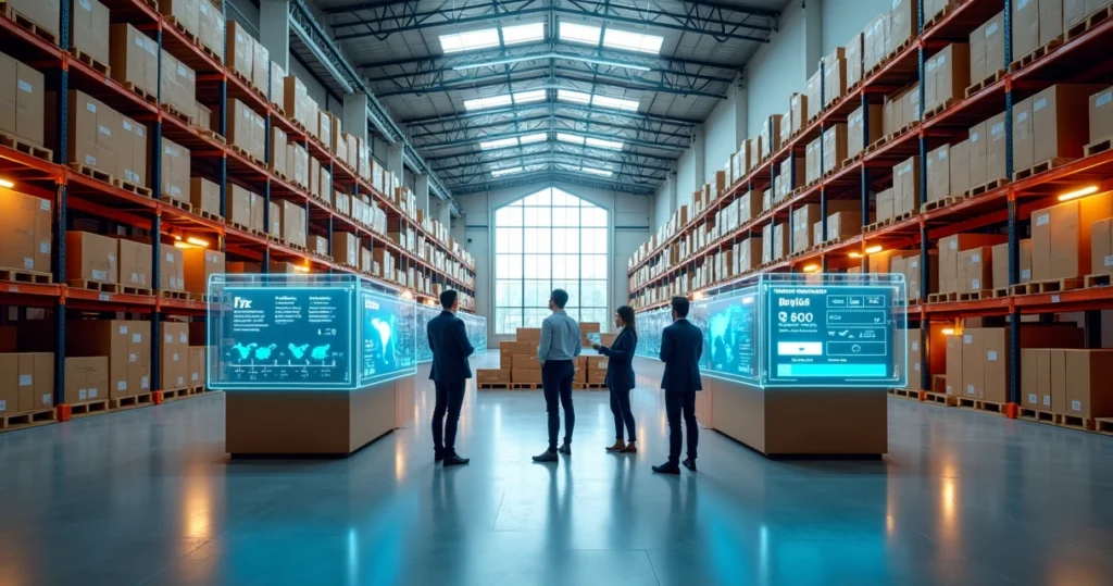 Centro de distribuição moderno com painéis digitais mostrando planos flexíveis de fulfillment
