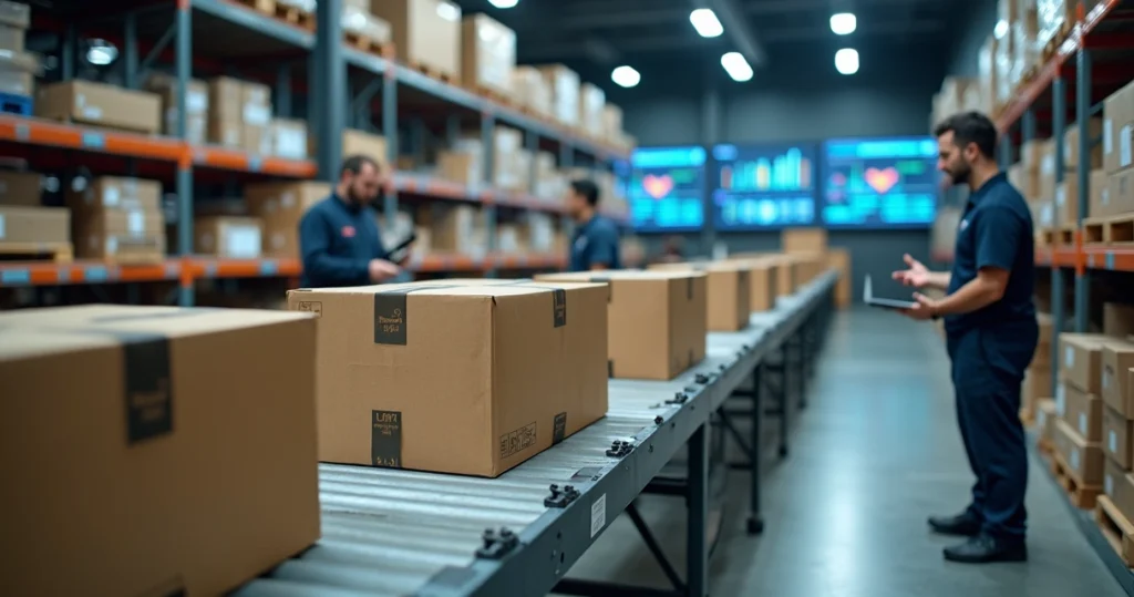 Centro de distribuição organizado com caixas de Black Friday prontas para envio