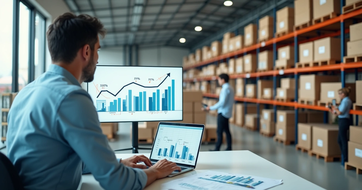 Gestor analisando custos logísticos com galpão e centro de distribuição moderno ao fundo