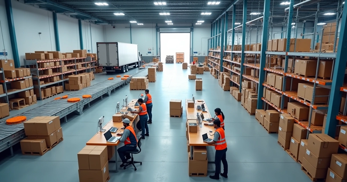 Centro logístico preparado para pedidos de e-commerce com esteiras e caixas prontas para envio