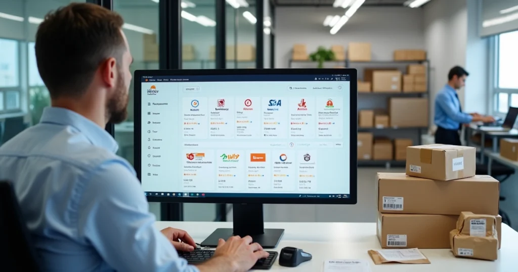 Vendedor de e-commerce gerenciando pedidos em vários marketplaces pela tela do computador